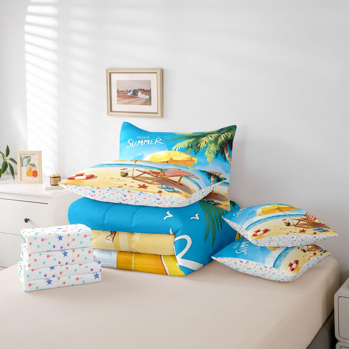 Erosebridal Beach Chair Summer Queen Bedding Set Tropical Palm Tree Comforter Set Kids Adults Cartoon Seashell Starfish 7-Piece Bed in a Bag Hello Summer Seaside Vacation Quilt Sets