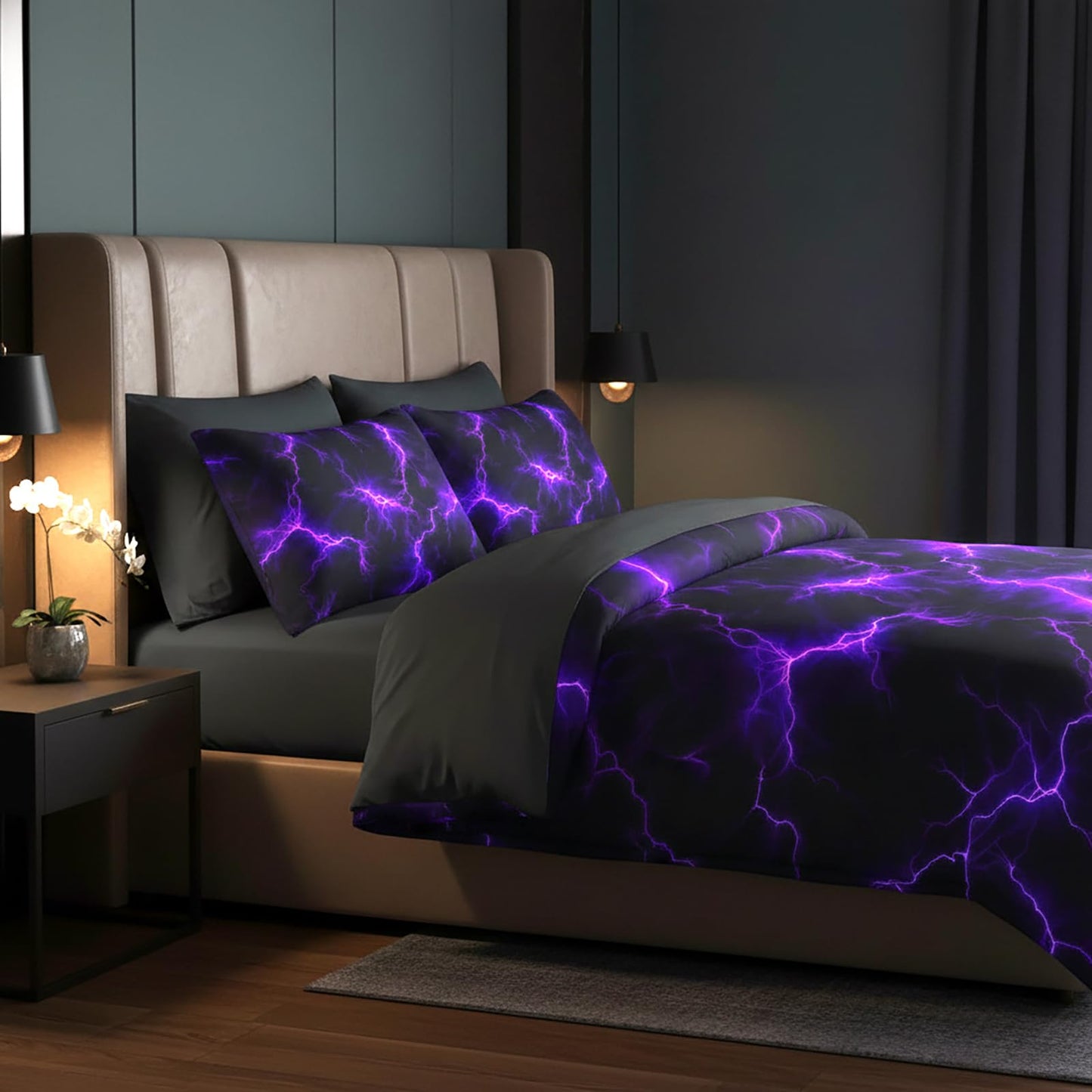 QOOMO Purple Lightning 7 Pieces Comforter Set Queen Size,Neon Lightning Bedding Set for Kids-Include 1 Comforter,1 Fitted Sheet,1 Flat Sheet,2 Printing Pillowcases and 2 Black Pillowcases