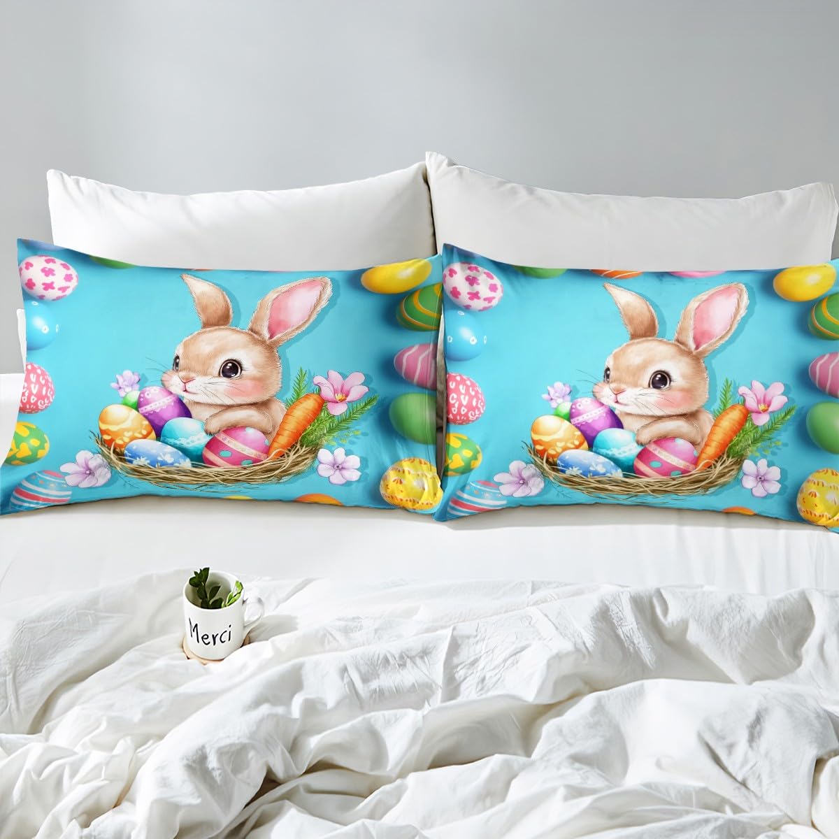 Bunnies Duvet Cover Easter Theme Bedding Set for Boys Teens Youth,Easter Eggs Nest Comforter Cover Cute Rabbit Pet Animal Quilt Cover Queen Size Greetings and Presents for Easter Day
