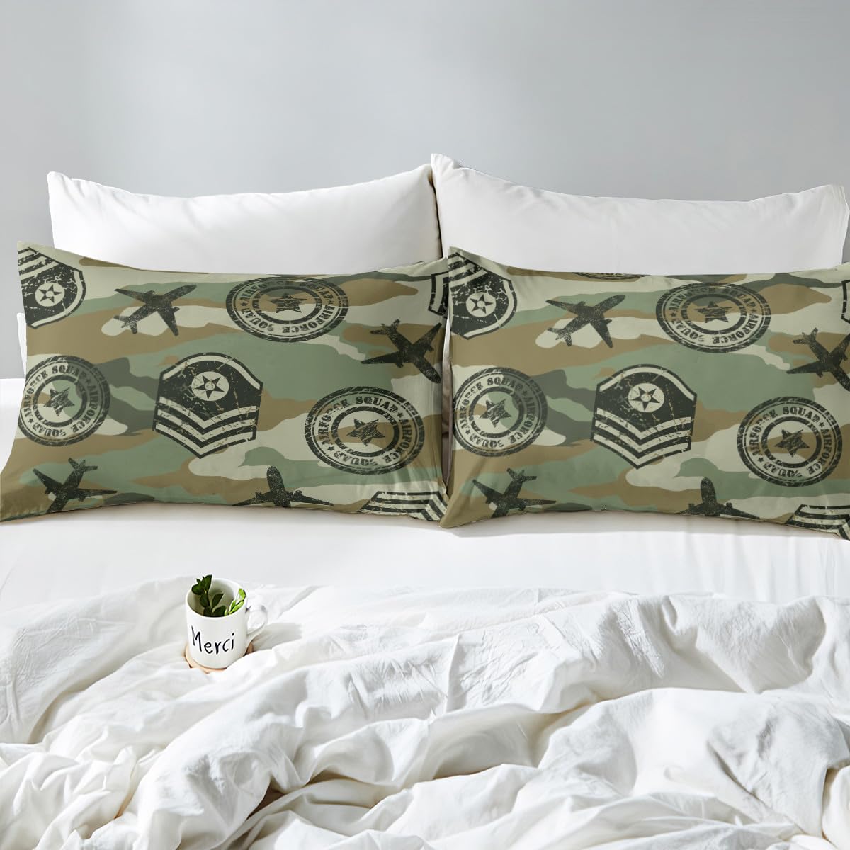 Kids Camo Airplane Bed Sheet Set Camouflage Airplane Decor Bedding Sheets for Teens Boys Military Aircraft Bedding Fitted Sheet Novelty Modern Army Green Bed Cover Bedroom Collection 3Pcs Full Size