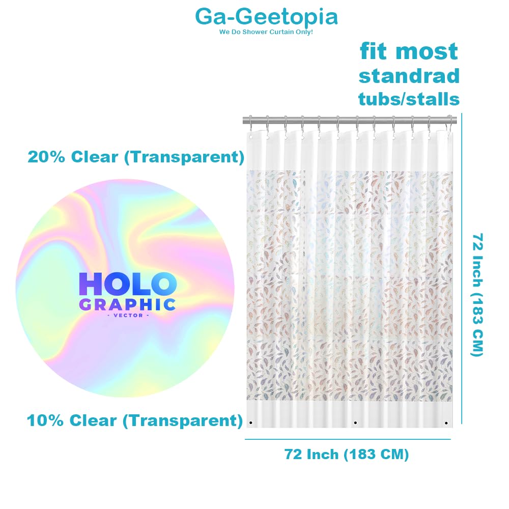 Holographic 3D EVA Shower Curtain Liner Glitter Feather, 72x72 Premium Clear Plastic Bathroom Shower Curtain with Rustproof Metal Grommets for Shower Stall, Bathtubs