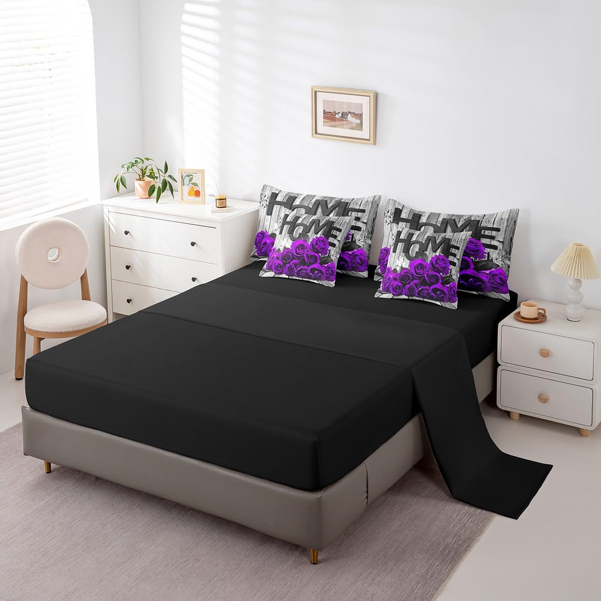 Feelyou Purple Rose 7 Piece Bedding Set for Adult Couple Full Size Romantic Style Comforter Set with Sheets Boys Girls Flower Floral Bed in a Bag Wooden Bed Set