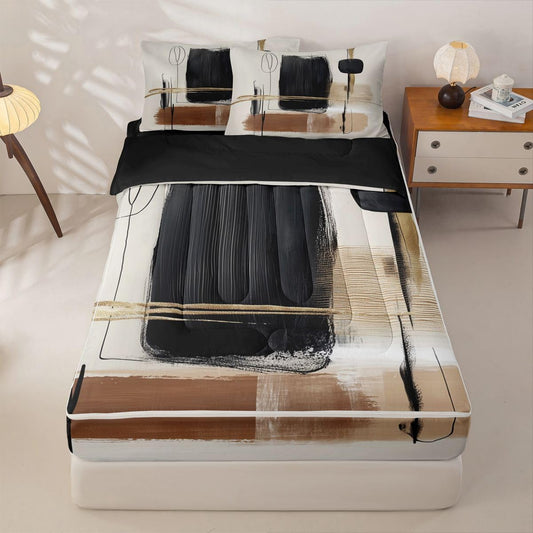 Erosebridal Modern Abstract Zippable Bedding,Black White Gold Brushstroke Full Size Comforter Set,Neutral Aesthetic Geometric Sheets and Pillowcases,Watercolor Graffiti Art Bedding Set Room Decor