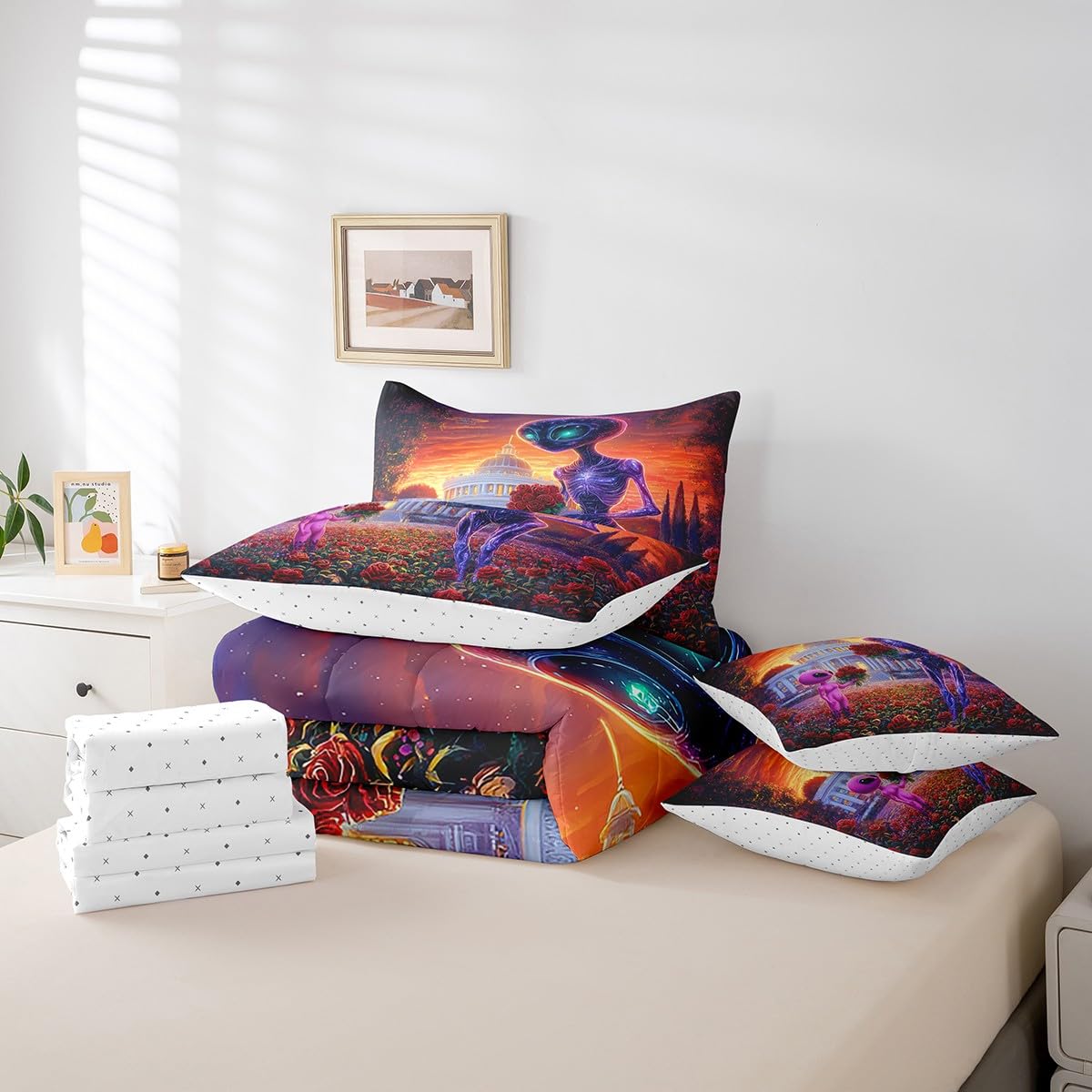 Erosebridal Space Alien Full Size Comforter Set Red Roses Valentine's Day Bed in A Bag for Adults Men Women,Cartoon Alien Couple 7 Piece Bedding Set Romantic Flowers Garden Bed Set