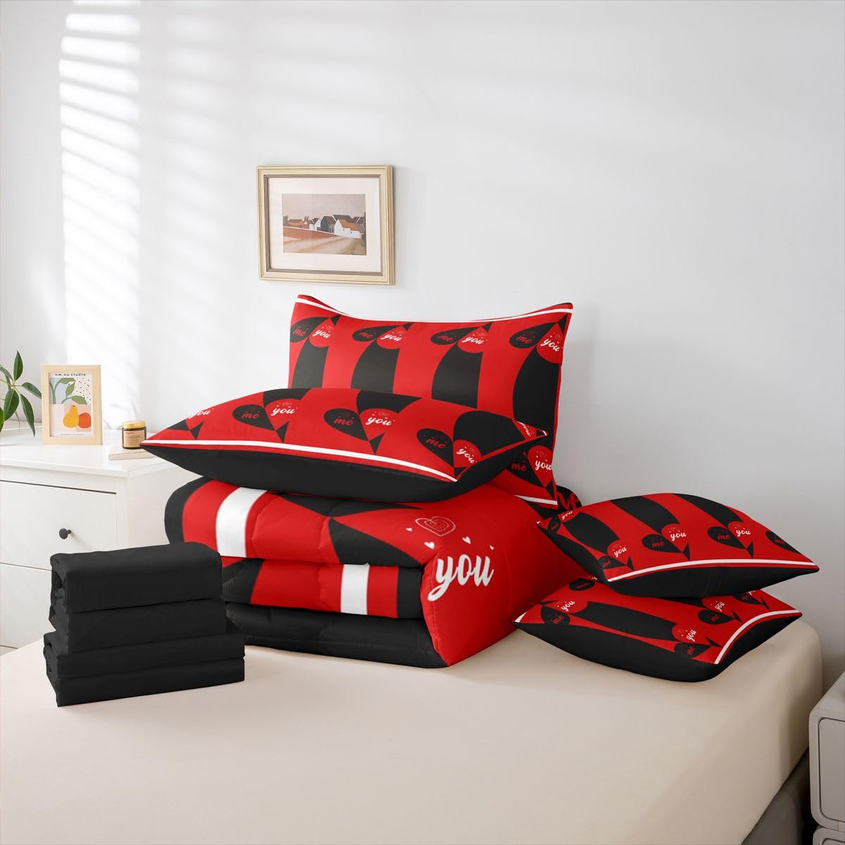 Erosebridal Love You and Me Queen Bedding Set 7 Piece Cute Love Heart Bed in A Bag with Sheets Valentine Romantic Heart Pattren Comforter Set for Women Men Adults,Couple Wedding Bed Sets