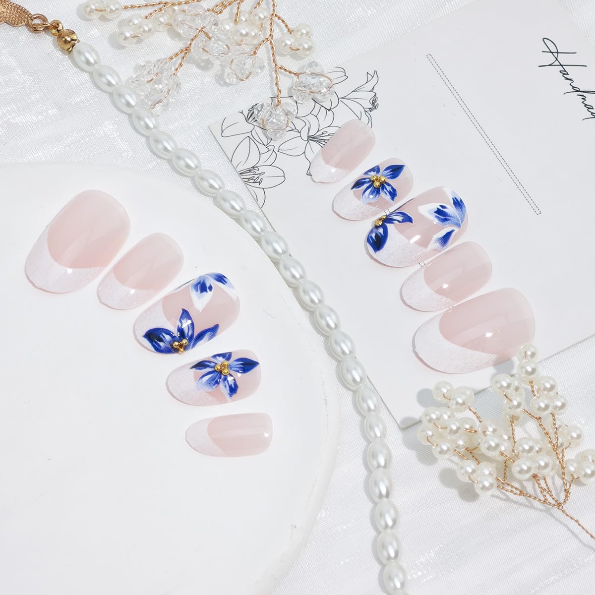 24Pcs Blue Flower Press on Nails Medium Almond Fake Nails with 3D Gold Rhinestones Designs White French Tip Stick on Nails Spring False Nails Glossy Glue on Nails for Women Acrylic Artificial Manicure