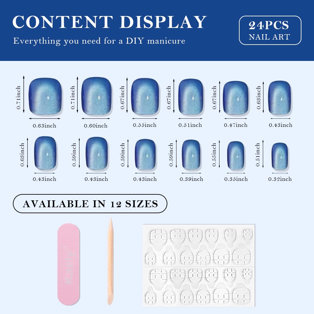 evpct Blue Cat Eye Extra Short Press on Nails Square No Glue, Petite Short Square Stick on Nails for Women, Light Sky Blue Metallic Glitter Glossy Reusable Press on Acrylic Fake Nail with Designs
