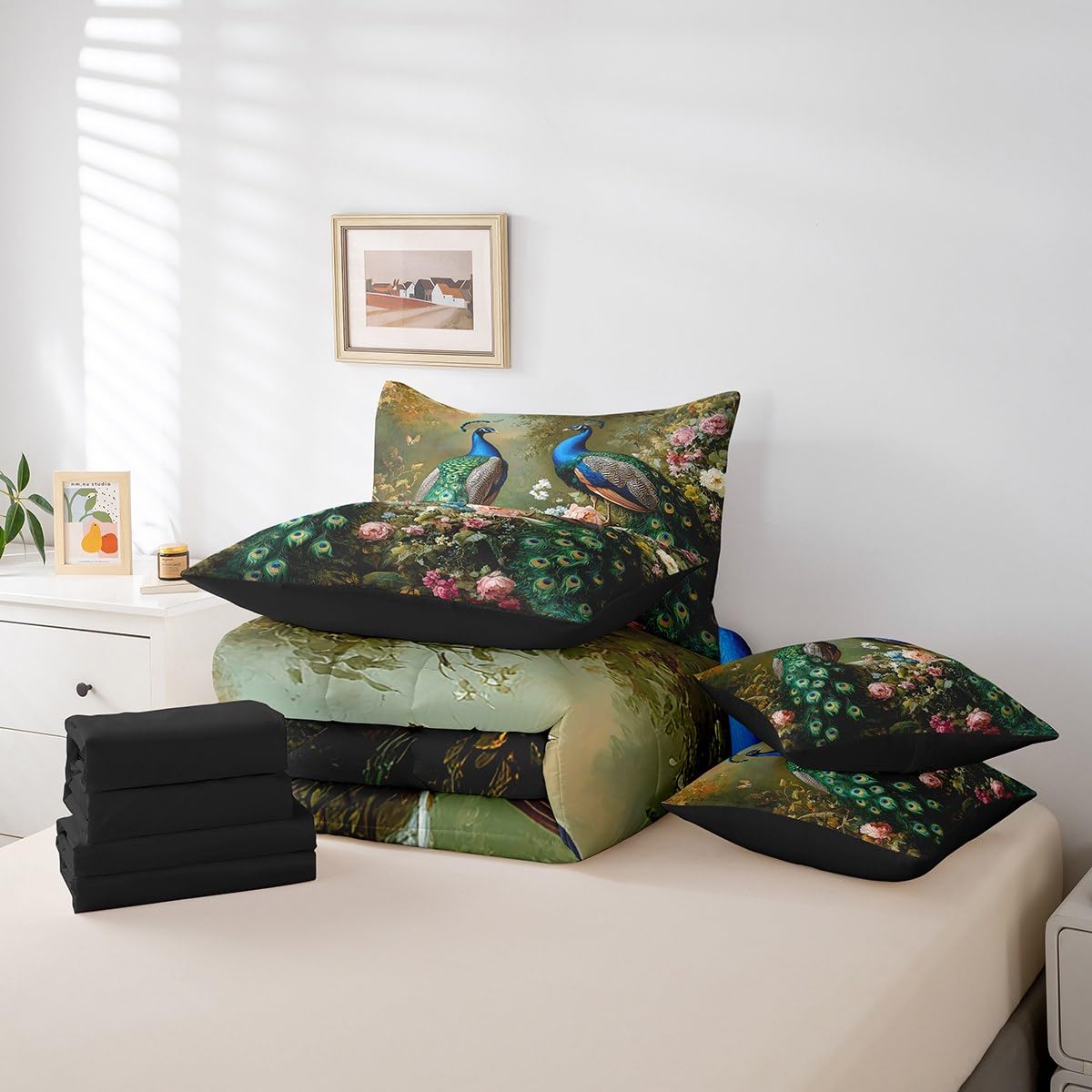 Erosebridal Peacock Comforter Set King Size,Elegant Birds Bedding Set for Kids Teens,Oil Painting Floral (Comforter+Fitted+Flat Sheet+2 Pillowcases+2 Throw Pillow Covers) 7 Pieces Bed Set