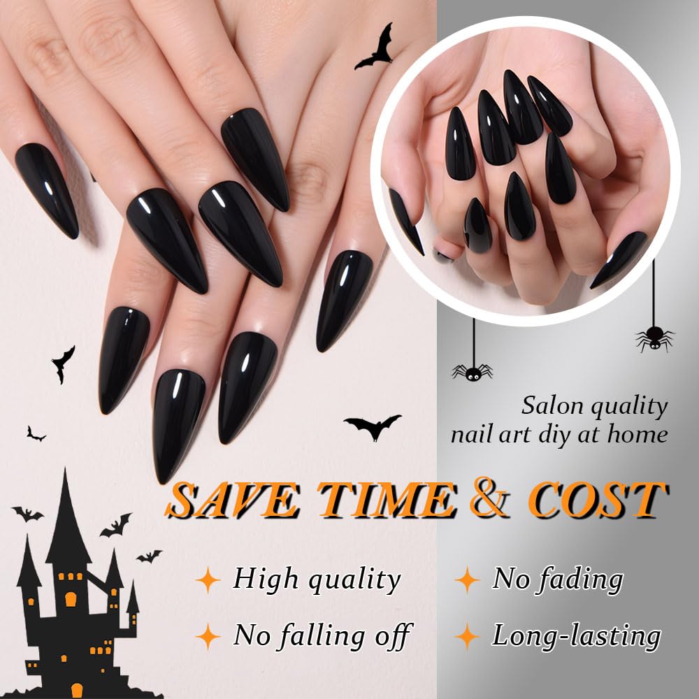 evpct Black Glossy Press on Nails Medium Almond, Glossy Black Fake Nails False Nail Pure Color with Kit, Salon Quality Soft Gel Stick on Acrylic False Soft Nails Reusable Full Cover for Women Manicure