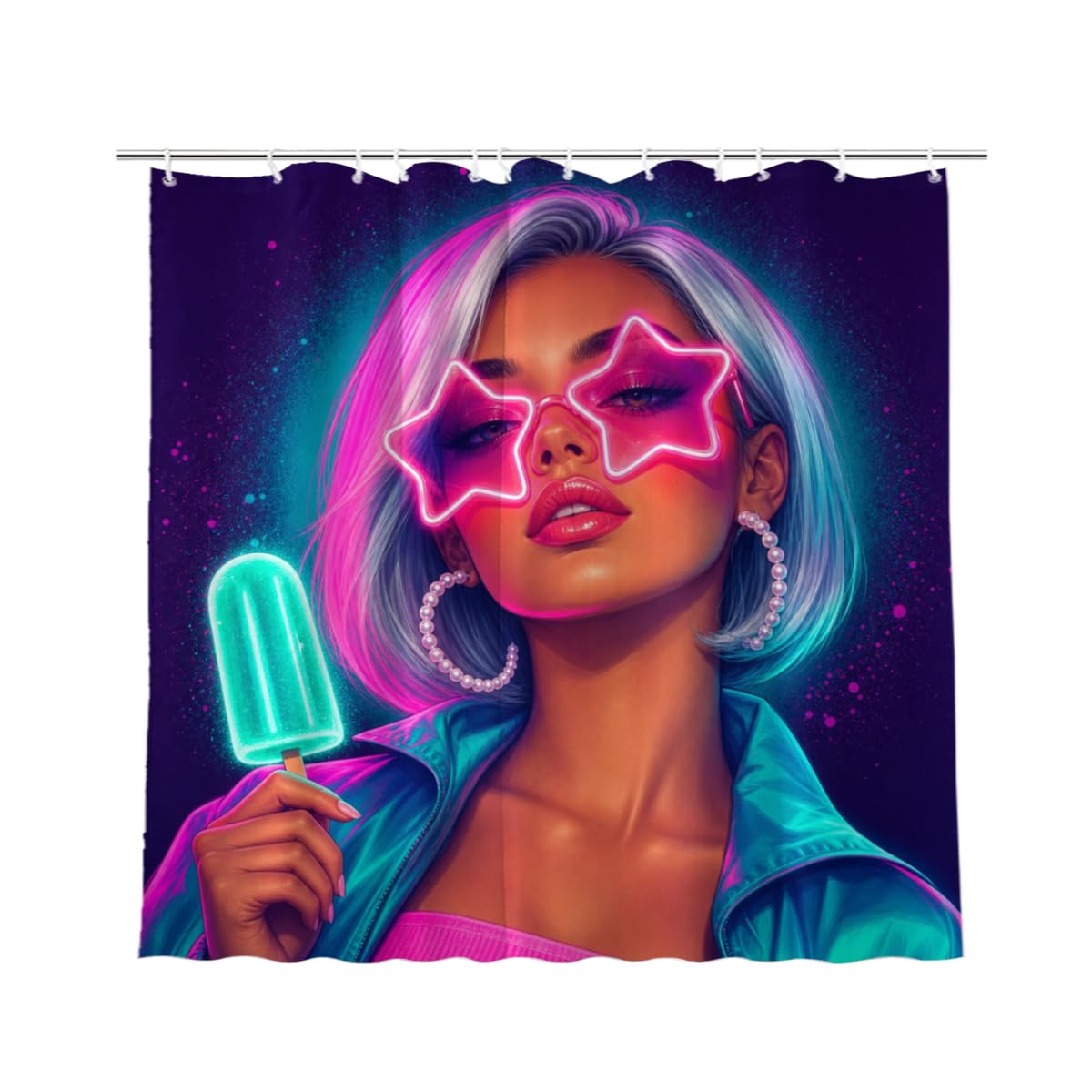 TopPacific Star Sunglasses Woman Shower Curtain 72x72 Inch Shower Curtain with 12 Hooks Polyester Woman Star Sunglasses Popsicle Purple Neon Background Bathroom Decor