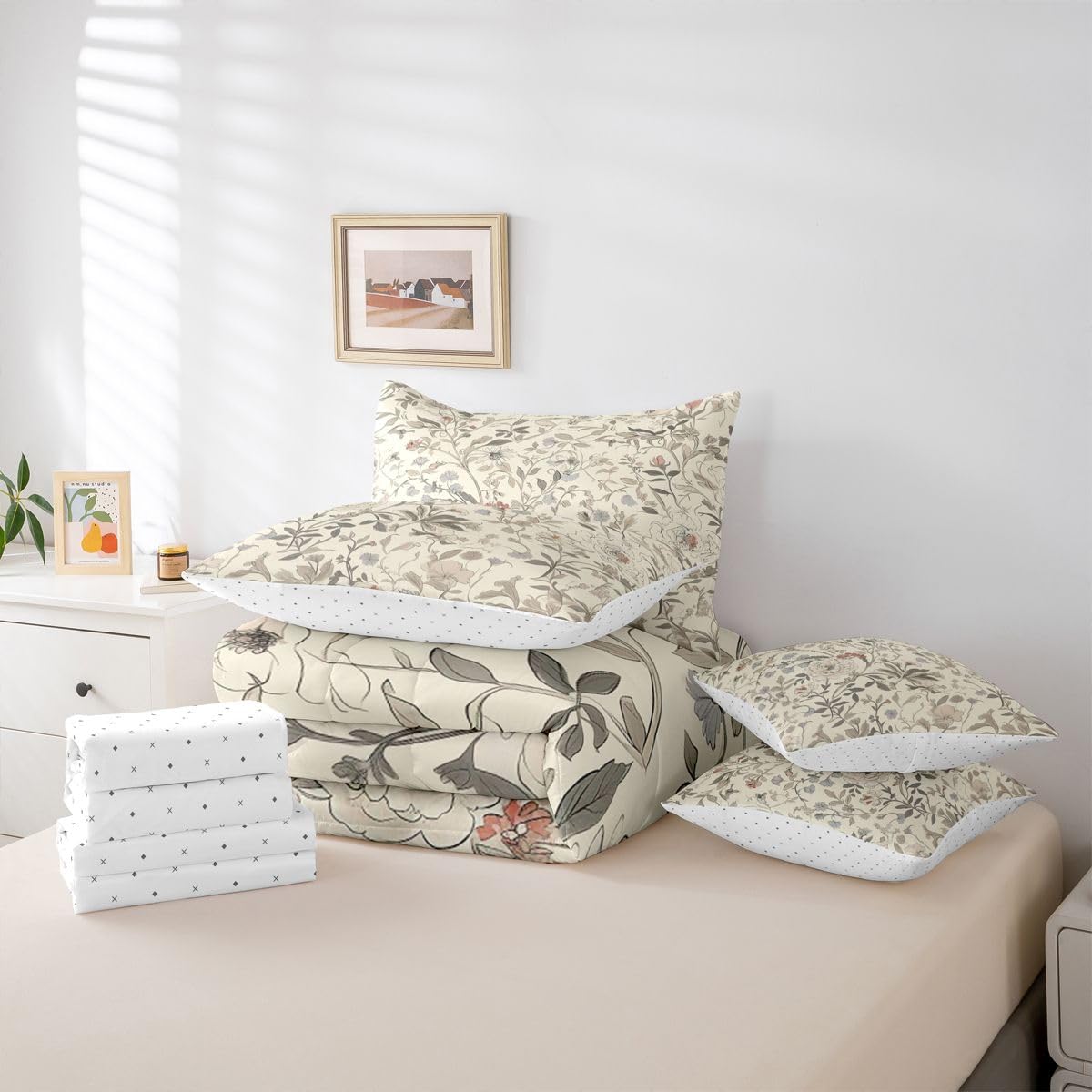 Erosebridal Floral Comforter Set Groovy Flower Bed in A Bag Queen Size 7 Pieces Oriental Blooming Bed Set Room Decor Natural Garden Botanical Bedding with Sheets