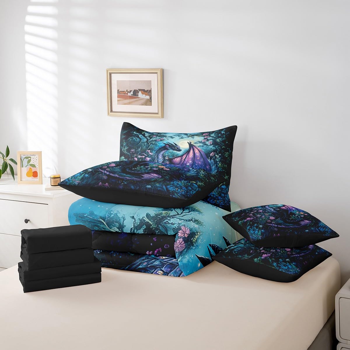 Feelyou Dragon Comforter Set with Sheets Twin Size Dragon Stuff Bed in a Bag for Boys Girls Teens Wild Life 7 Pieces Bedding Set Jungle Dragon Bed Set Room Decor Balck Blue