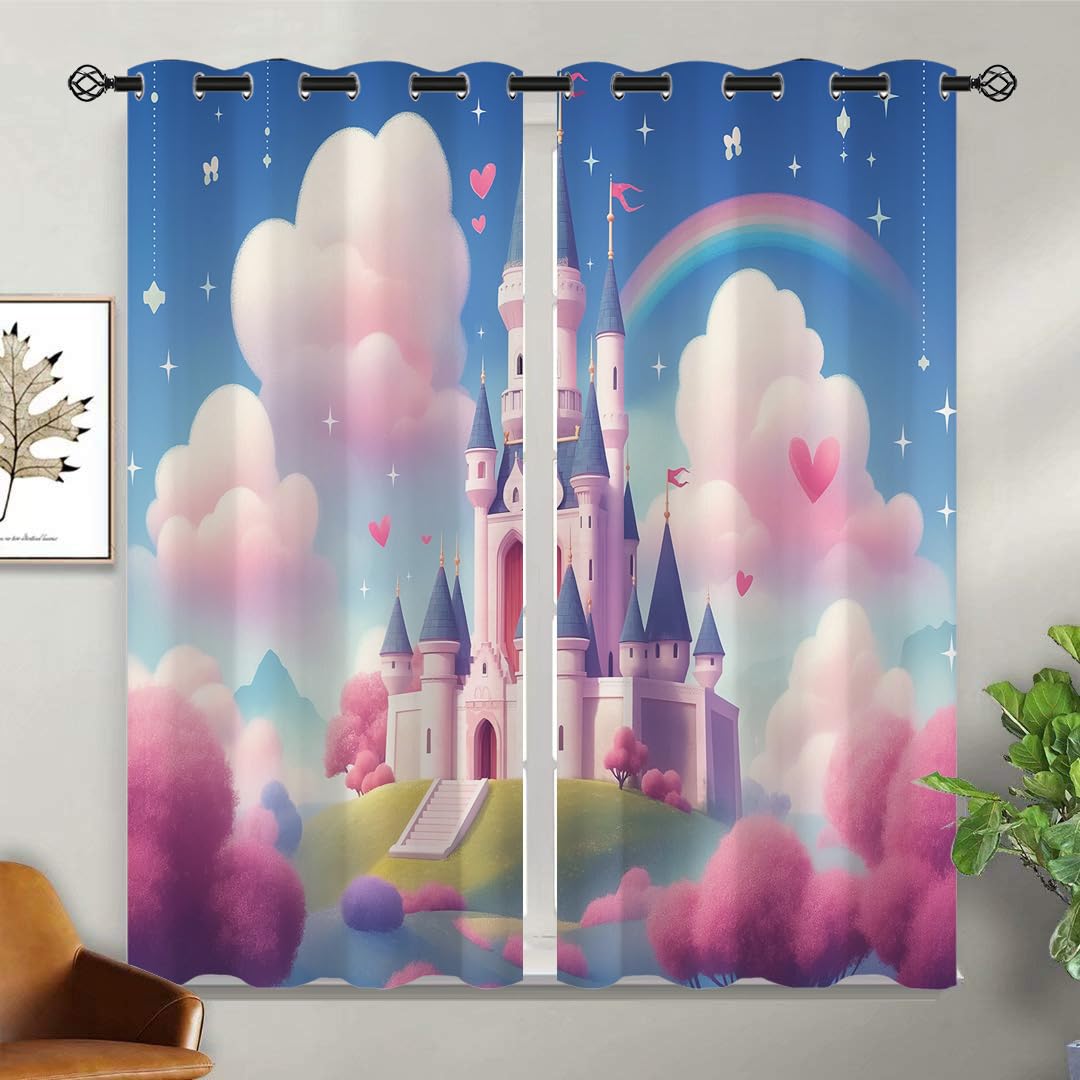 18TH CROZY Dreamy Castle Blackout Curtains for Girls Boy Home Decor, Feminine Fairy Tale World Rainbow Grommet Thermal Insulated Drapes Darkening Window Curtain for Bedroom Living Room, 42 x 45 Inch