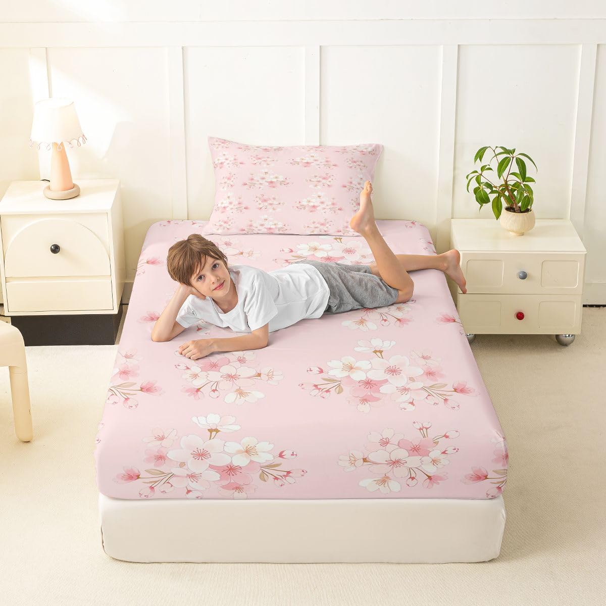 Erosebridal Cherry Blossoms Bed Sheets Set Twin Japanese Style Sheet Set Romantic Floral Leaves Sheets Pink Flower Plant Flat Fitted Sheet