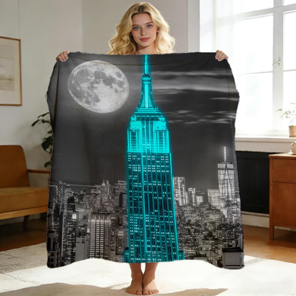ZHOUSHUTONG New York City Throw Blanket Blue Empire Building Flannel Teal Skyscraper Print Blanket Modern Moon Cityscape Plush Throw Urban Night View Decor for Living Room Bedroom Office Home 49"x59"