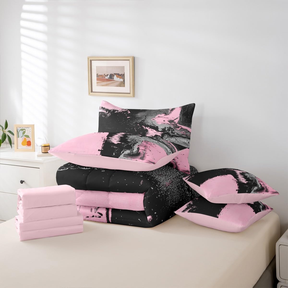 Feelyou Abstract Comforter Set King Size 7 Pieces Modern Abstract Art Bedding Set Luxury Bed in a Bag with Comforter, Sheets, Pillowcases, Cushion Covers Geometric Bedroom Decor Pink Balck