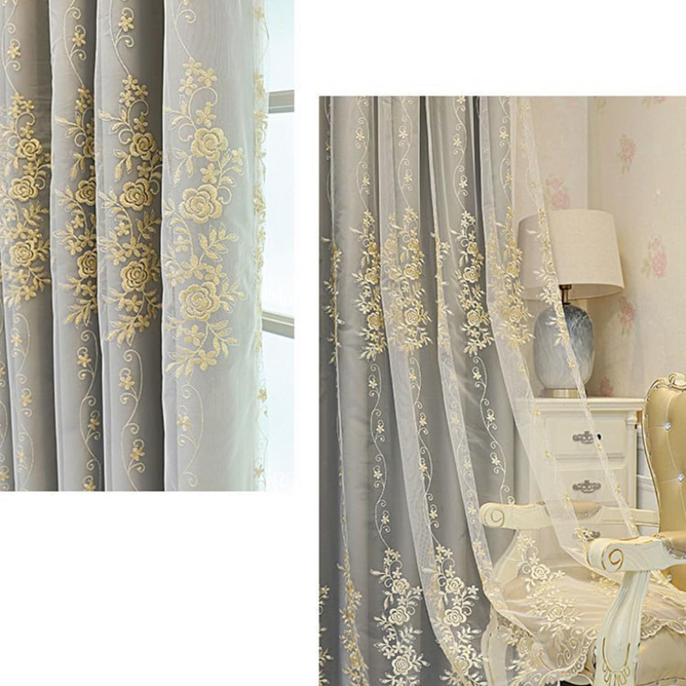 Amidoudou 1 Pair European Double Layer Curtains for Living Room Rose Shaped Embroidered Curtains for Bedroom (Grey,54x96 Inch)