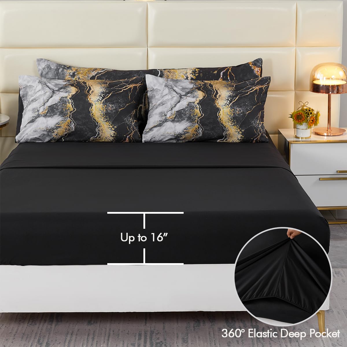 PERFEMET 6 PCS Bed in a Bag Black Watercolor Marble Printed Comforter Set for Queen Bed Burning Mountain Pattern Bedding Set with Sheets Retro Artwork Design Quilt Sets(Black, Queen)