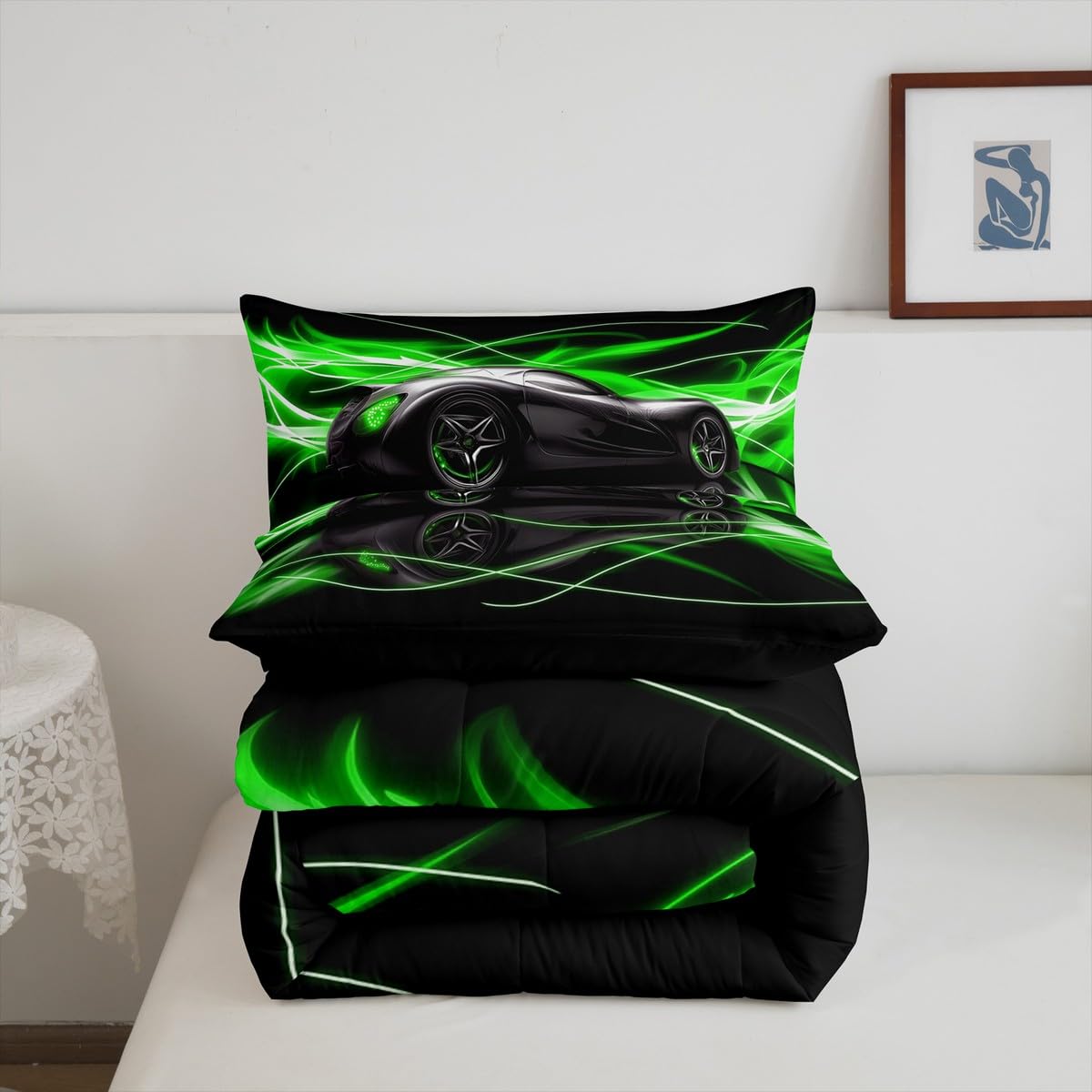 jejeloiu Kids Race Car Comforter Set Twin Size Speed Sports Car Bedding Set for Kids Boys Girls Green Duvet Quilt Automobile Bedroom Decor Microfiber 2 Pcs with 1 Pillow Cases