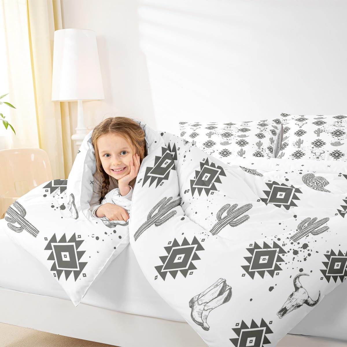 jejeloiu Boho Comforter Set Queen Size Western Decor Bedding Set for Kids Boys Girls Bull Skull Duvet Quilt Cactus Bedroom Decor Microfiber 3 Pcs with 2 Pillow Cases