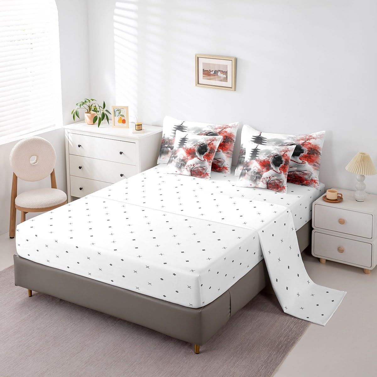 Feelyou Japanese Geisha Comforter Set Twin 7 Pcs Cherry Blossoms Maple Leaf Lake Bedding Set Japanese Style Traditional Architecture Bed in a Bag with Comforter, Sheets, Pillowcases & Cushion Cover