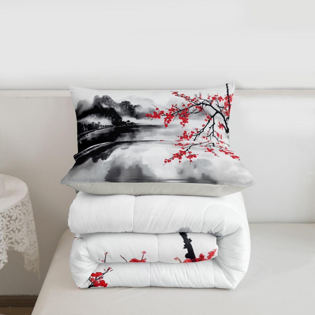 jejeloiu Chinese Ink Painting Comforter Set All Season Cherry Blossom Bedding Set with 2 Pillow Cases Mountain Microfiber Kids Queen Bedclothes Japanese Style Bedroom Decor Duvet Quilt Breathable Soft