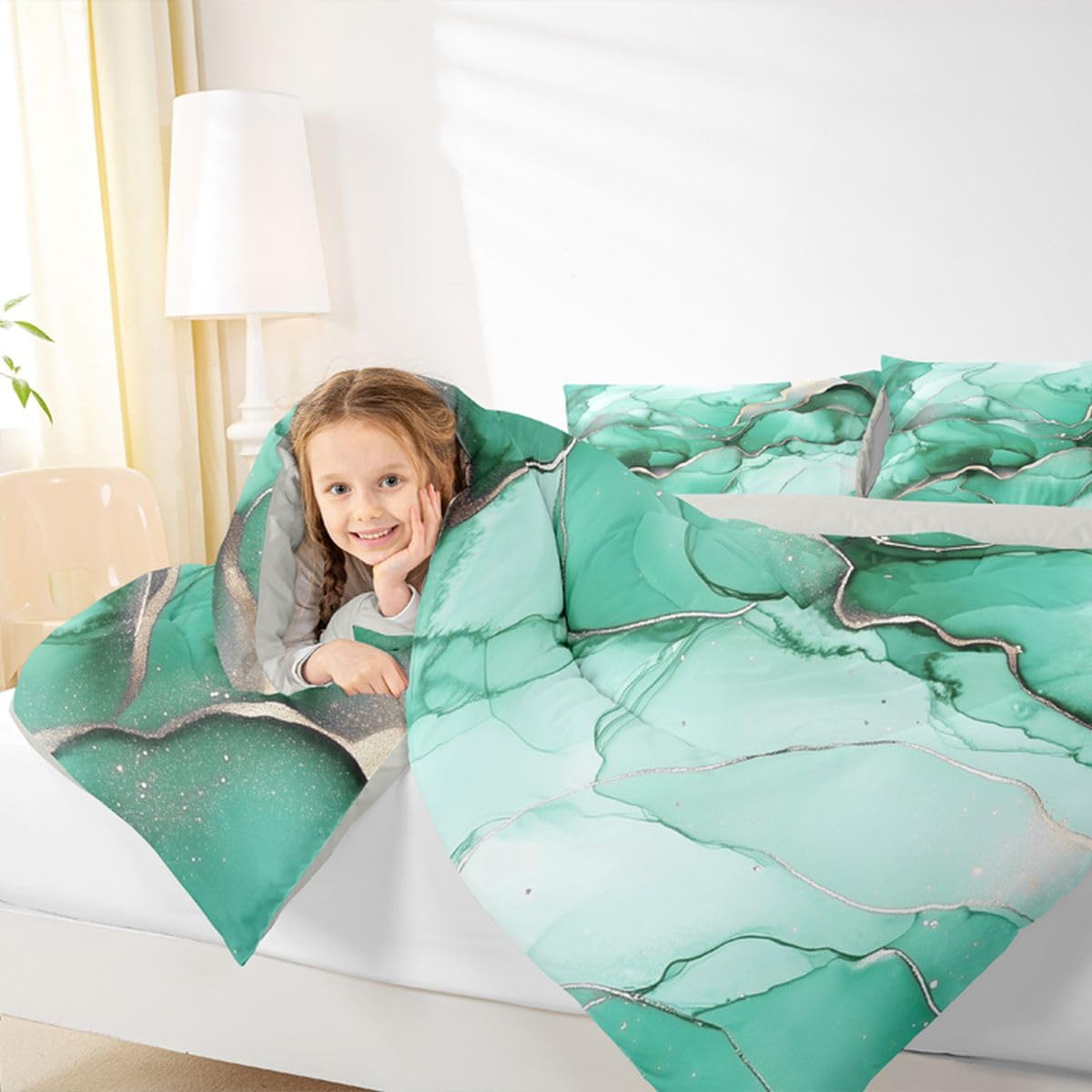 Erosebridal Green Marbling Comforter Set King Marble Print Bedding Set Gold Ink Fluid Art Comforter for Kids Boys Girls,Ombre Marble Textured Quilt Duvet