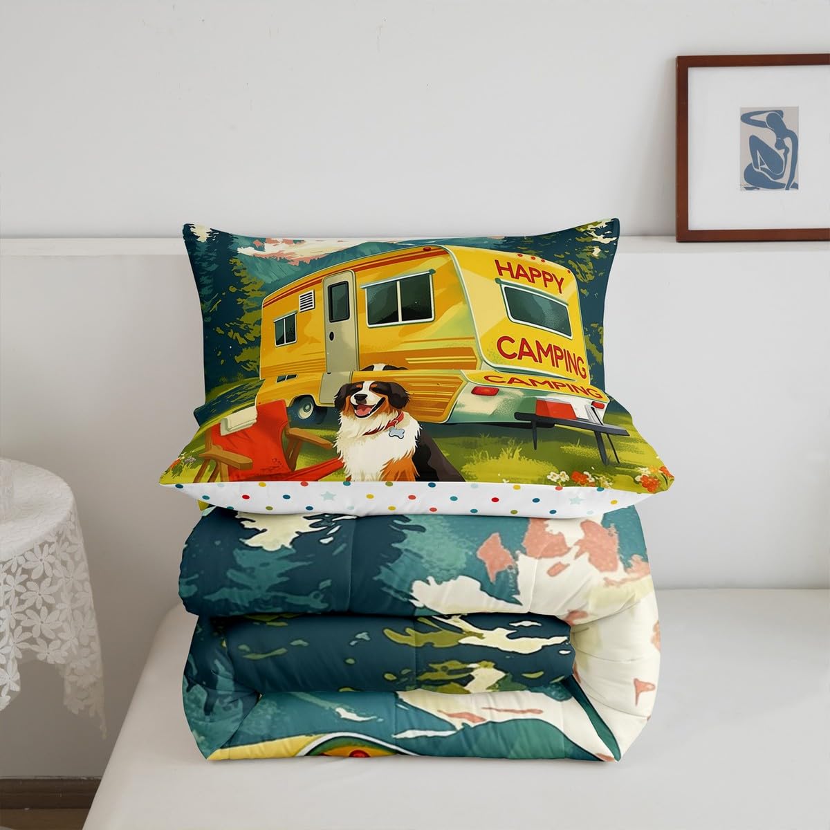 Erosebridal Camping Comforter Set for Kids Boys Girls Camper Rv Accessories Bedding Happy Camping Duvet Set Rustic Cabin Decor Comforter King with 2 Pillowcases