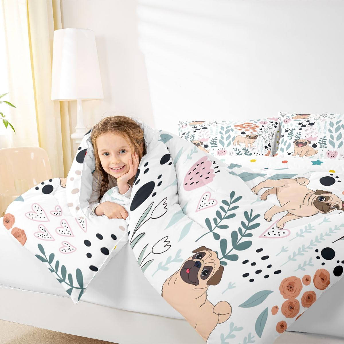 Erosebridal Kawaii Dog Bedding Set,Cartoon Pug Dog Comforter Set Twin,Cute Love Heart Leaf Flower Comforter Set for Kids Girls Boys,Paw Print Pet Animals Quilt Duvet Insert with 1 Pillow Case