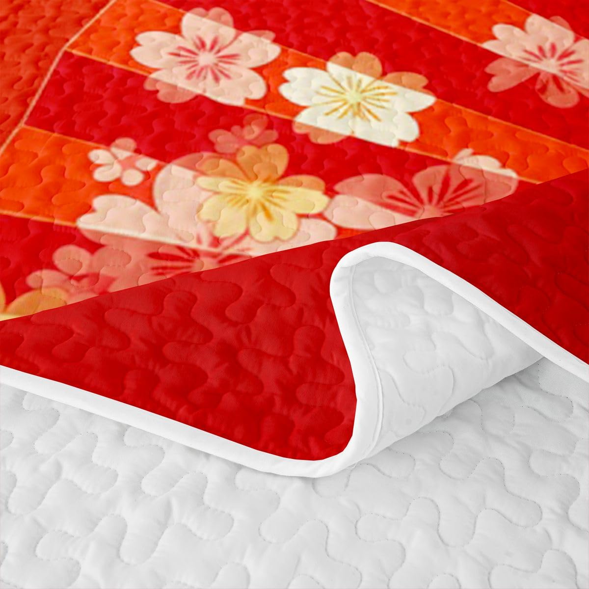 Erosebridal Japanese Red Quilts Twin Size - Folding Fans Bedspread Coverlet Set, Sakura Cherry Blossom Gift Quilt Coverlets 2Pcs (Only 1 Pillowcase)