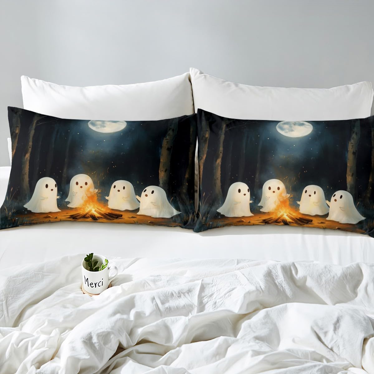 jejeloiu Cute Ghost Sheet Set for Girls Boys Kids King Size Happy Halloween Sheets with Deep Pocket Fitted Sheet Ghost at Campfire Bed Sheets Set Bedding Set,1xBed Sheets Set+ 2xPillow Shams