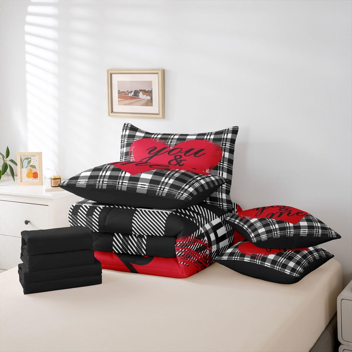 You and Me Bed in a Bag Queen Comforter Set 7-Piece | Valentines Day Decorations Bedding Sets Black and White Grid Comforter and Sheet Set, Geometric Checkerboard Lattice Buffalo Plaid Room Decor