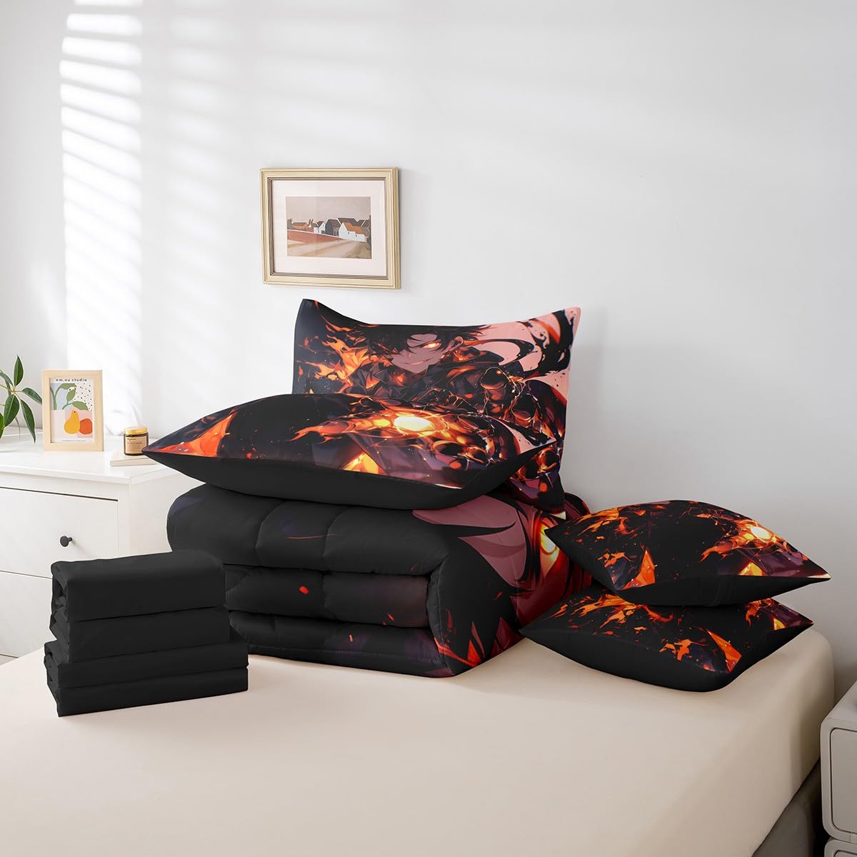 Erosebridal Japanese Anime Full Bedding Set,Anime Boy Comforter Set for Boys Kids Teens Gamer Gaming Room Decor,Video Game Style Bed Set 7 Piece with Fitted Sheet,Flat Sheet,Pillowcases