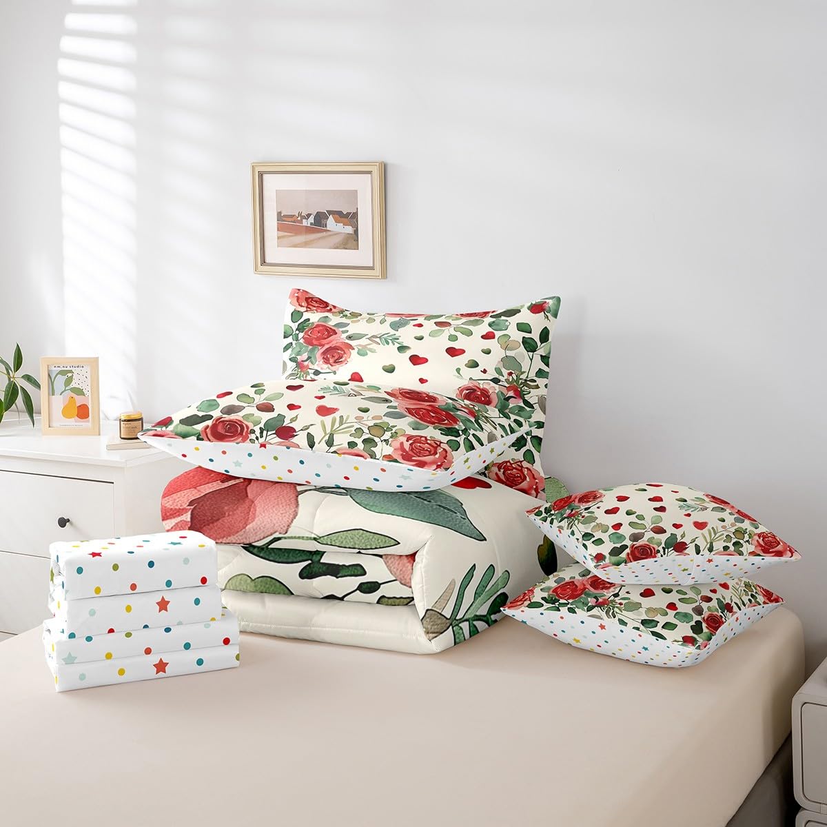 Erosebridal Valentine Rose Queen 7 Piece Bedding Set - Romantic Red Love Roses Floral Comforter Set with Sheets for Kids Adults Couple Room Decor, Green Leaf Bed in a Bag with Fitted + Flat Sheet
