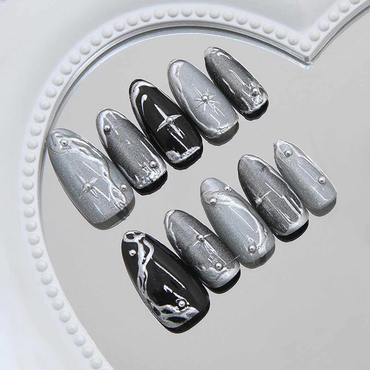 24Pcs Gothic Press on Nails Medium Almond Dark Black Fake Nails Silver Line Chrome with Rhinestones Designs Full Cover Y2k Stick on Nails Goth False Nails for Women Acrylic Nail Accessories DIY