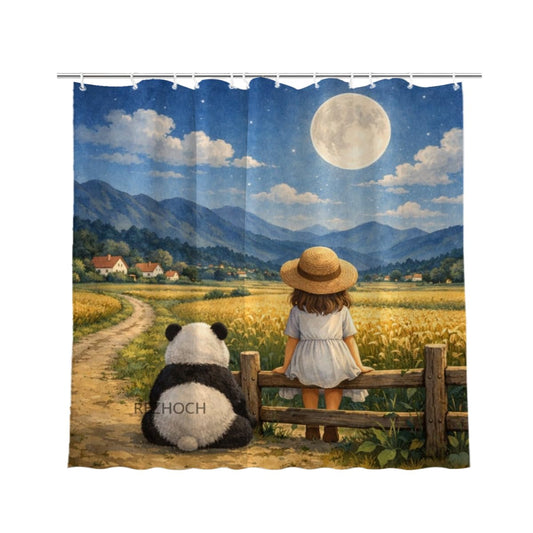 REZHOCH Moonlit Country Fun Panda Shower Curtain 72x72Inch,Cute Girl Animal Home Hotel Bathroom Decor,Farmhouse Rustic Nature Night Sky Full Moon Waterproof Fabric Bath Set