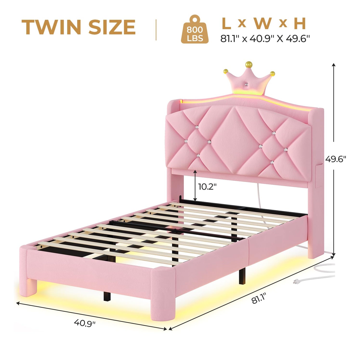 MSmask Twin Bed Frame with LED Lights, Princess Upholstered Bed with Headboard with Charging Station & Crystal Button & Crown, Velvet Platform Bed for Girls, Solid Wood Slats, Curved Legs, Pink