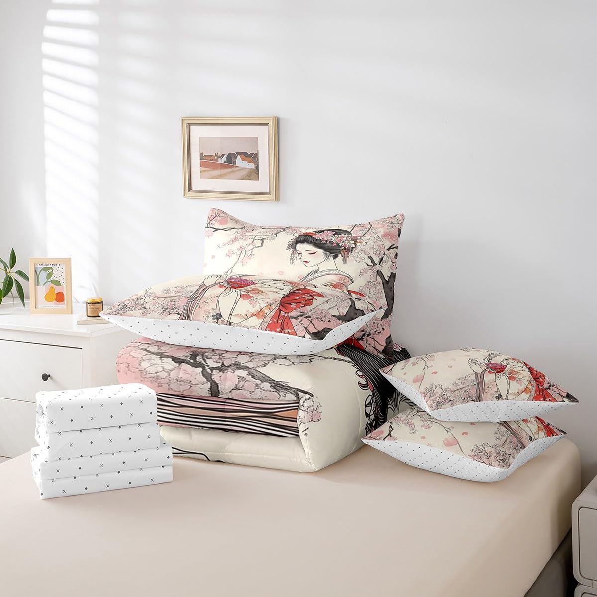Feelyou Kids Japanese Geisha Comforter Set Twin Size 7 Pieces Cherry Blossoms Bedding Set Japanese Style Japanese Tradition Aesthetic Bed in a Bag with Comforter, Sheets, Pillowcases & Cushion Cover