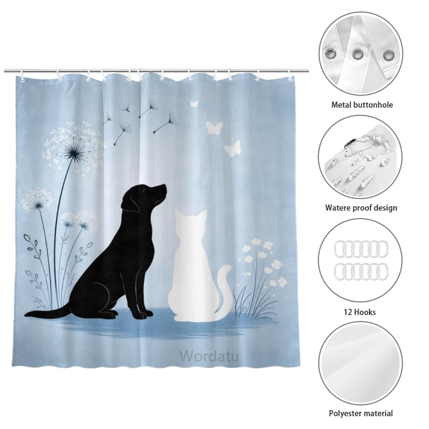 Wordatu Cat & Black Labrador Dog Bathtub Bath Curtain Cute Pet Animal Bathroom Waterproof Shower Curtain 72x72 with 12 Hooks
