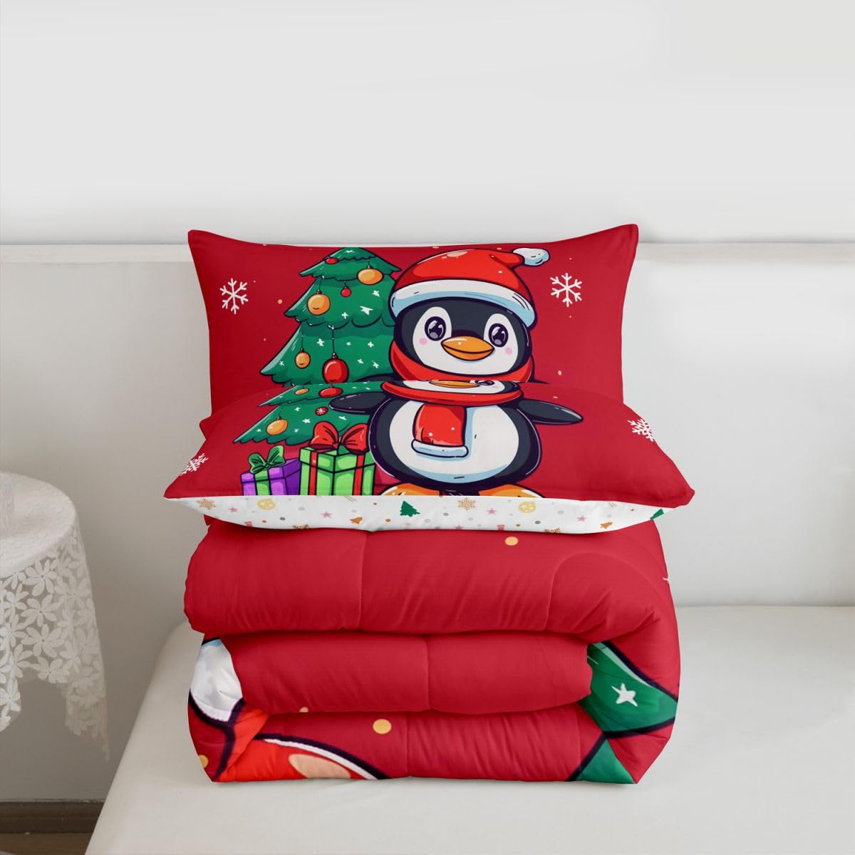 Erosebridal Christmas Penguin Comforter Set Queen Santa Hat Penguin Bedding Set Antarctic Animal Print Comforter for Kids Boys Girls,Xmas Tree Snowflake Gifts Quilt Duvet