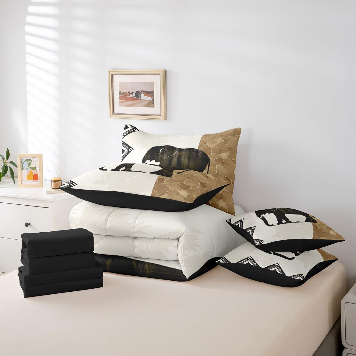 Erosebridal Elephant 7 Piece Bedding Set Full African Comforter Set with Sheets African Animal Lover Geometric Bed in a Bag Wild Animal Skin Woodland Silhouette for Kids Boys Girls