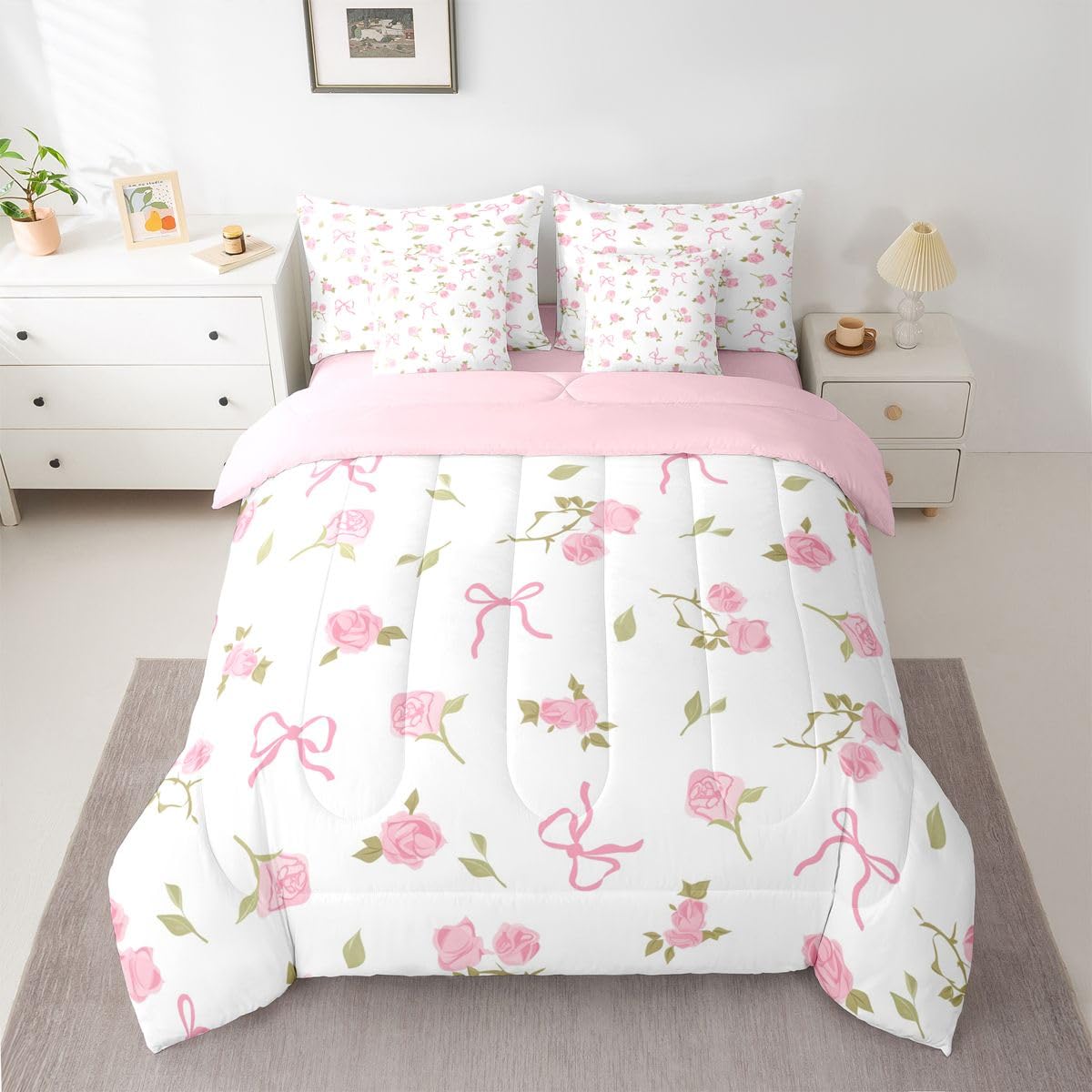 Erosebridal Pink Bowknot 7 Piece Bedding Set Full Size Rose Floral Bed in A Bag Coquette Bows Comforter with Sheets Princess Ballet Bow Bed Sets