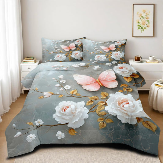 CCoutueChen Floral Butterfly Comforter Set Queen White Flower Pink Butterflies on Gray Marble Bedding Set for Women Men Modern Aesthetic Bedding Soft Lightweight 90x90 Comforter with 2 Pillowcases