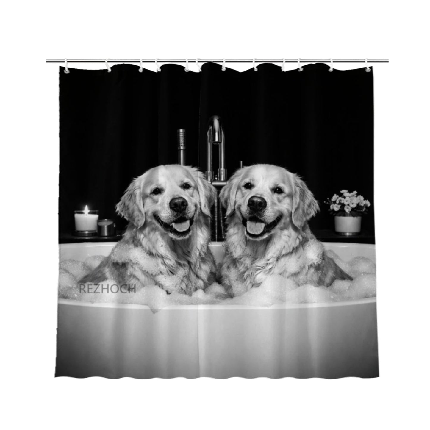 REZHOCH Funny Golden Retriever Dog Shower Curtain 72x72 Inch Black and White Luxury Home Bathroom Decor,Cute Animals in Bathtub Modern Minimalist Pure Black Background Farmhouse Bath Set