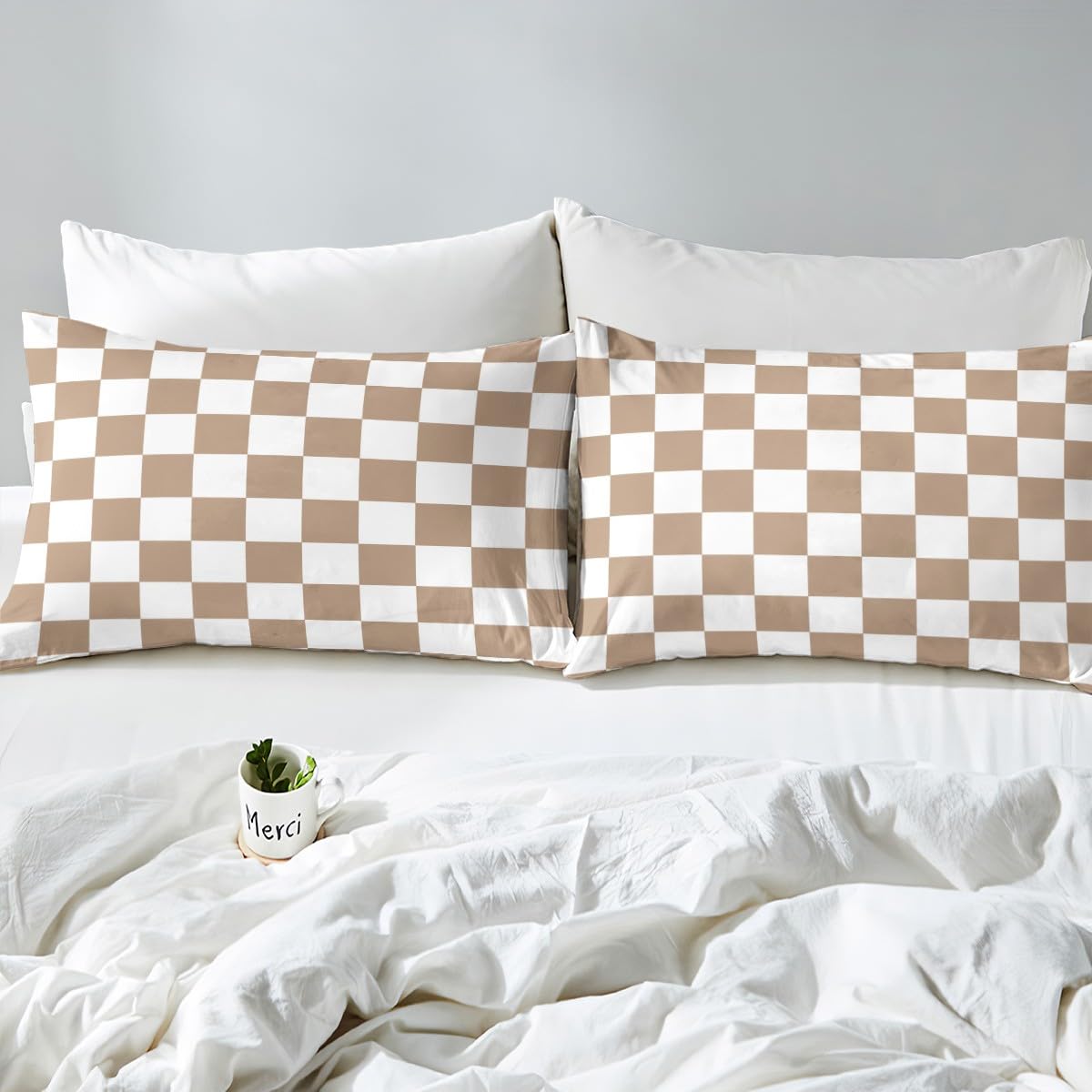 Feelyou Checkered Bed Sheets Sets Full Size Kids Boys Girls Brown Plaid Bedding Set Vintage Checkerboard Geometric Fitted Sheet with 16-Inch Deep Pockets Grey 4Pcs with 2 Pillow Cases
