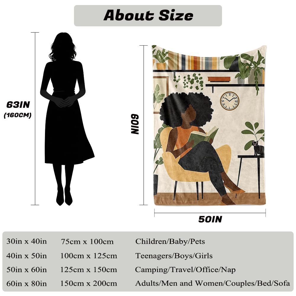 HUNXIAOJ African American Gifts for Women Black Girl Blanket Boho Print Blanket African American Decor Warm Soft Flannel for Girls Woman Teens Adults Bed Sofa Couch (50 in x 60 in)