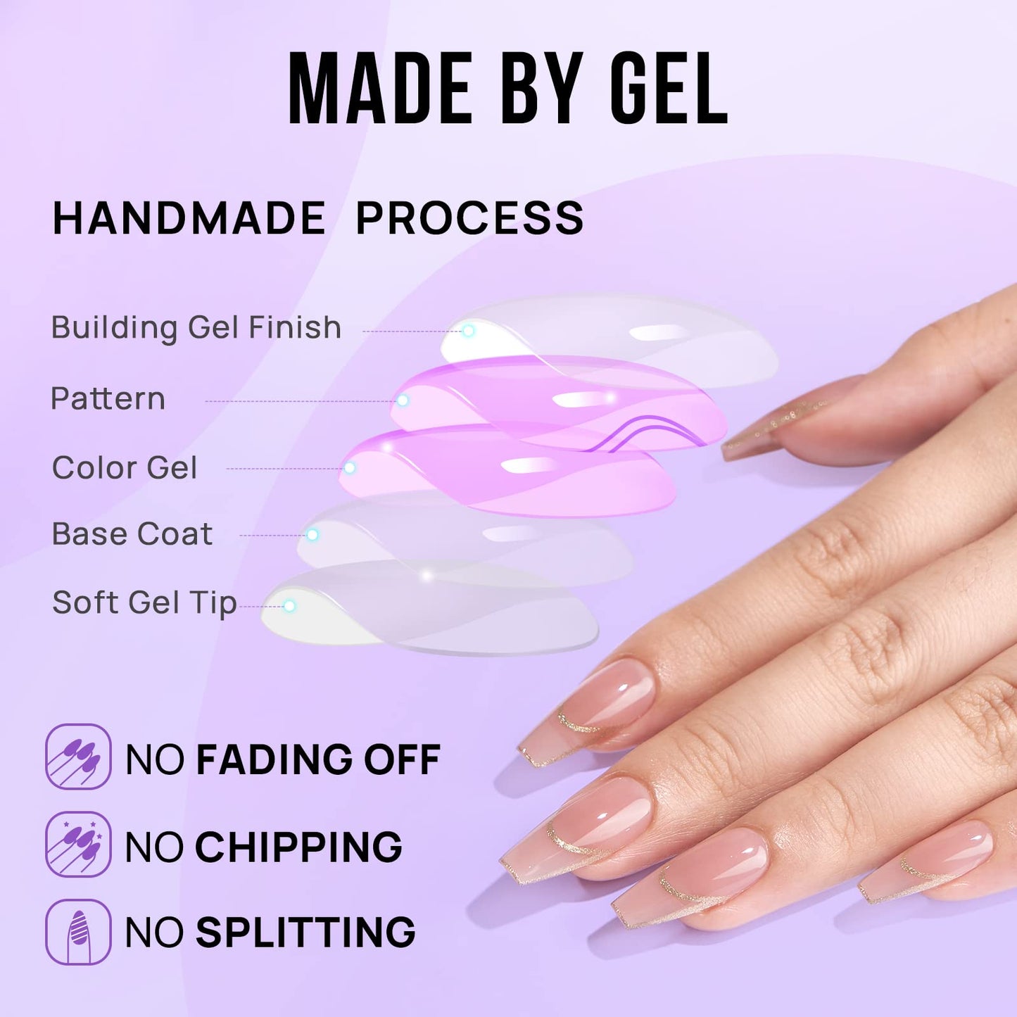 BTArtbox Press on Nails Long - Rose Gold Outline Designed French Tip Press on Nails, Coffin Glue On Nails, Reusable Soft Gel Stick On Nails with Nail Glue in 16 Sizes, Gilded French