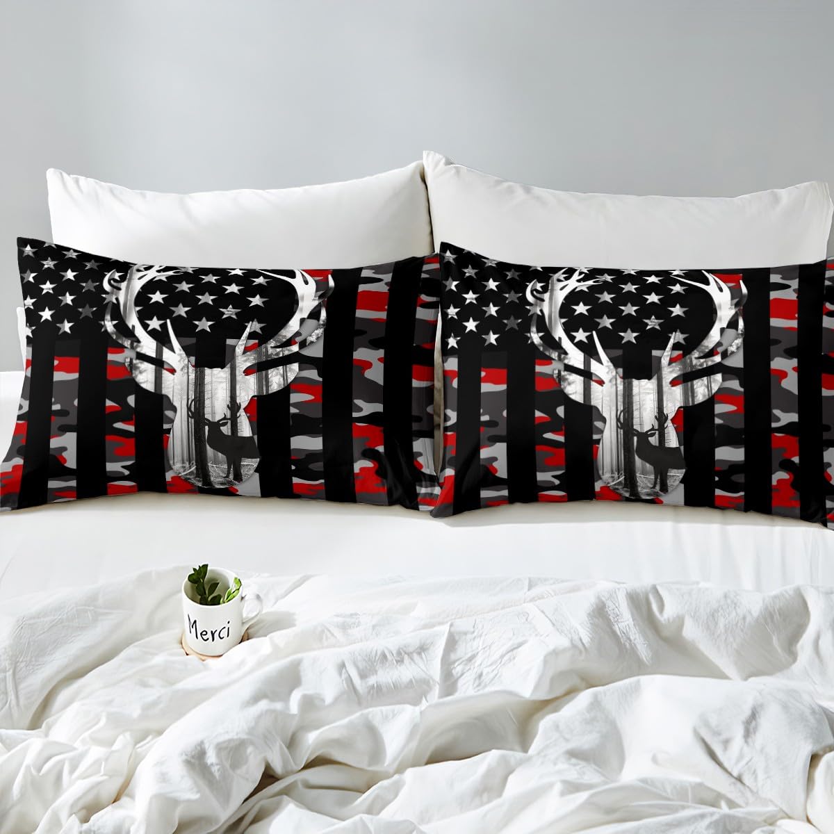 Camo American Flag Fitted Sheet Set Full Size 4 Pcs, Red Black Camo USA Flag Bedding Set(1 Fitted,1 Flat,2 Pillowcases), Deer Antlers and Trees Luxury Deep Pocket Bed Sheets for Girls Teen