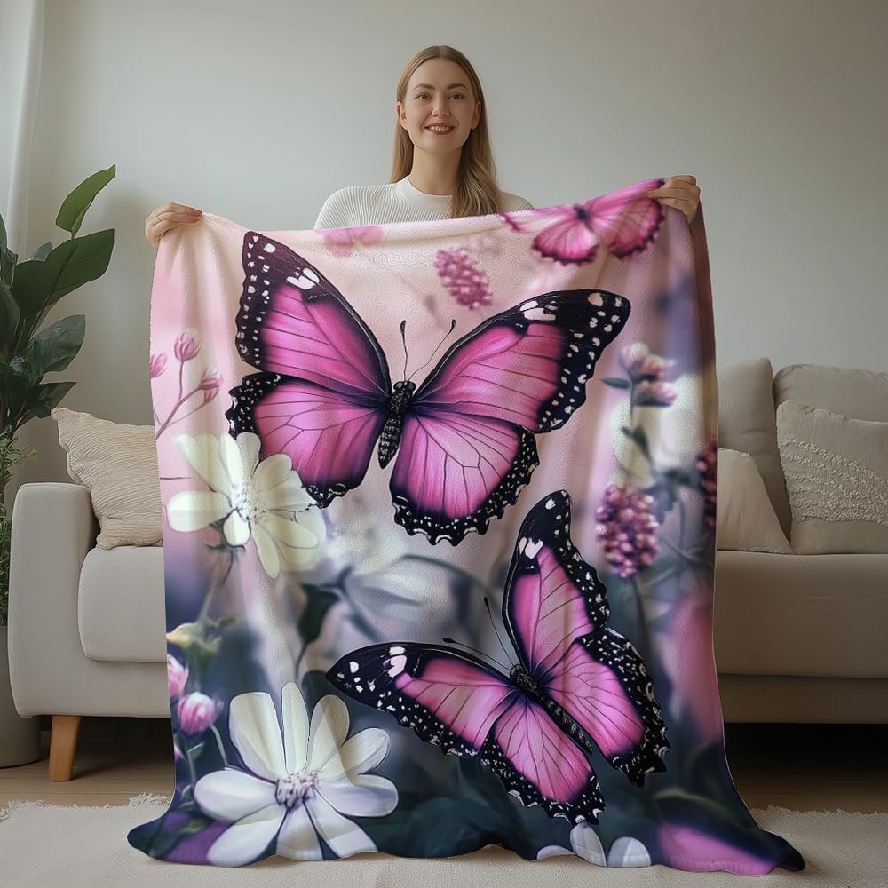 HUNXIAOJ Butterfly Throw Blanket for Women Butterfly Floral Blanket Romantic Gifts Warm Soft Flannel for Girls Boys Women Teens Adults Bed Sofa Couch (50 in x 60 in)