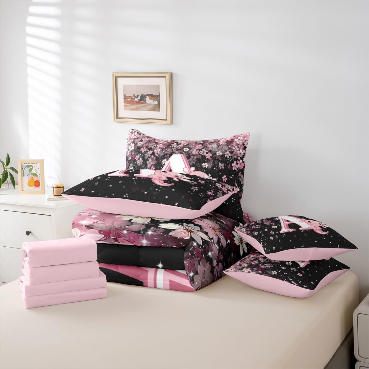 Erosebridal Pink Axolotl Comforter Set for Teen Girl (Pink Black,7Pcs,Twin Size) - Cute Initial Letter A Bed in A Bag Cherry Blossom Bedding Set Girly Preppy Cute Axolotl Quilt with Initial Design